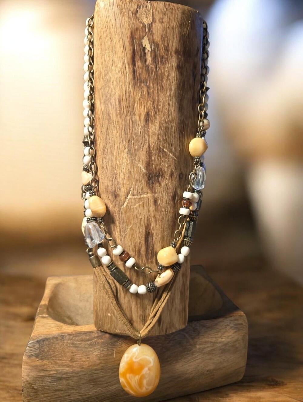 VTG Signed Boho multi-strand  necklace W White Agate Beads/Jasper Pendant